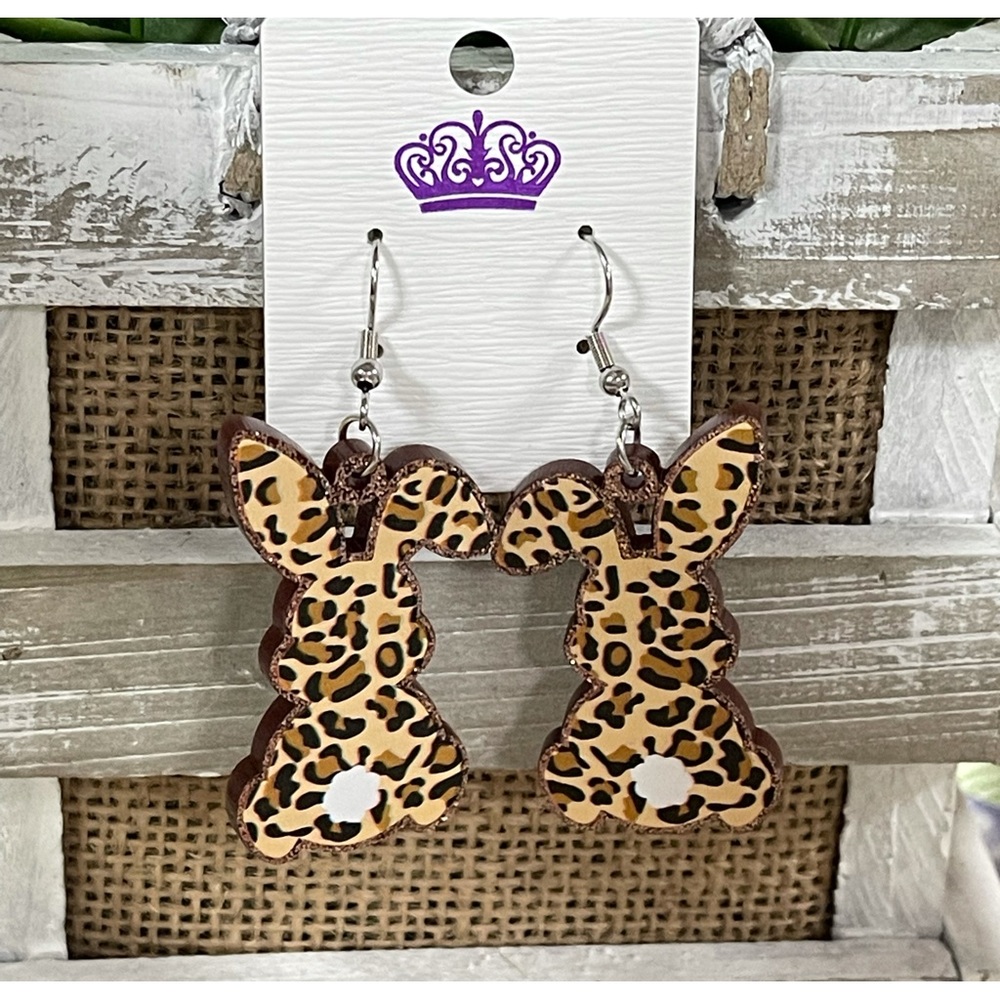 Leopard Print Easter Bunny Earrings with Brown Back & Trim